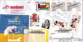 Timbres: CARTA COMERCIAL CIRCULADA RAFELBUNYOL-BADAJOZ CON BONITO FRANQUEO SELLOS Y ETIQUETAS. RARO ASI. MPM.